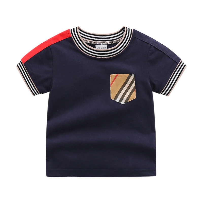 

New 2021 summer fashion kids clothes Unisex O-Neck cotton plaid stripe Patchwork short-sleeved baby boys girls T-shirt 1-6 years