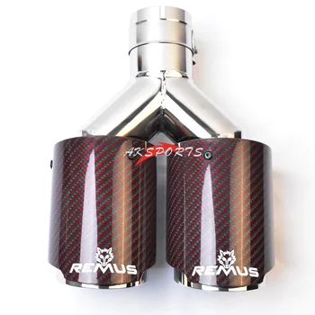 

1PC Equal Length Glossy Red Stainless Steel Straight Twill Carbon Fiber Middle Muffler Tip With Remus Logo