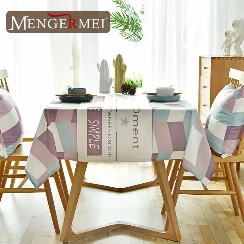  MENGERMEI Simple Plaid Nature Tablecloth Purple Blue Oilproof Waterproof Decorative for Dining Home