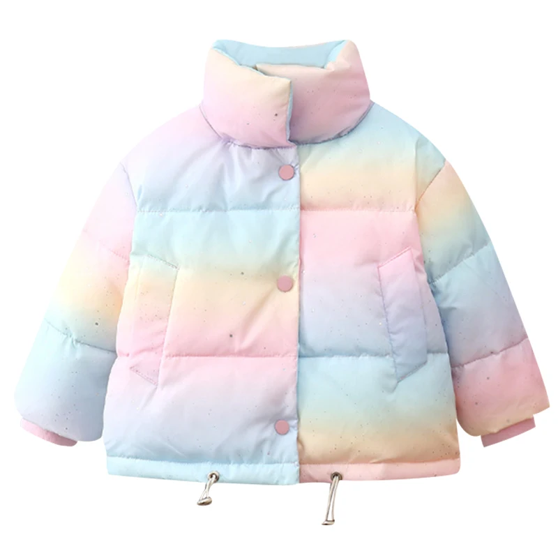 Girls rainbow colorful down jacket 2021 winter NEW GIRLS BABY thickened Plush waterproof hooded cotton | Детская одежда и обувь