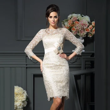 

New Delicate Off White Lace Knee Length Mother of the Bride Dresses Three Quarter Sleeves Beaded Belt Wedding Guest Dress Short