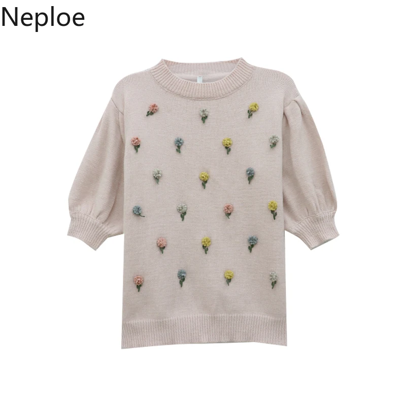Neploe, шикарный, с круглым вырезом, с пышным коротким рукавом, вязаный, женский, однотонный, стереоскопический, цветочный свитер, пуловер, осень, весна, свободный, Sueter 47787