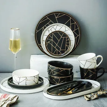 

Nordic Geometric Ceramic Black and White Western Salad Plate Home Luxury Rice Bowl Soup Noodle Bowl Snack Dish Kitchen Tableware