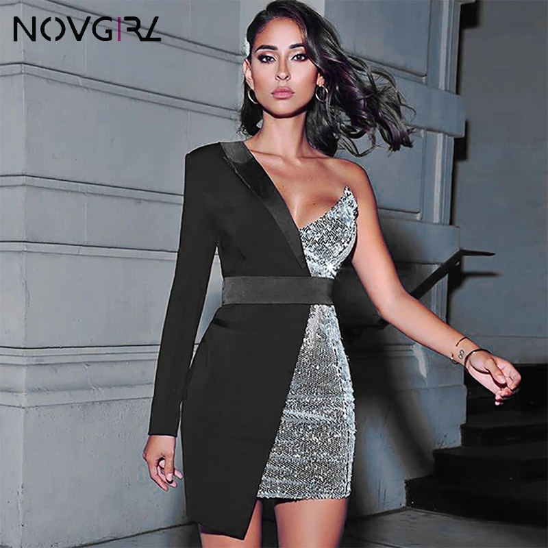 Novgirl/женское платье на одно плечо, с блестками, в стиле пэчворк, необычное, бодикон,, блестящее, ropa mujer, платье с блестками, Клубные, вечерние, сексуальные платья
