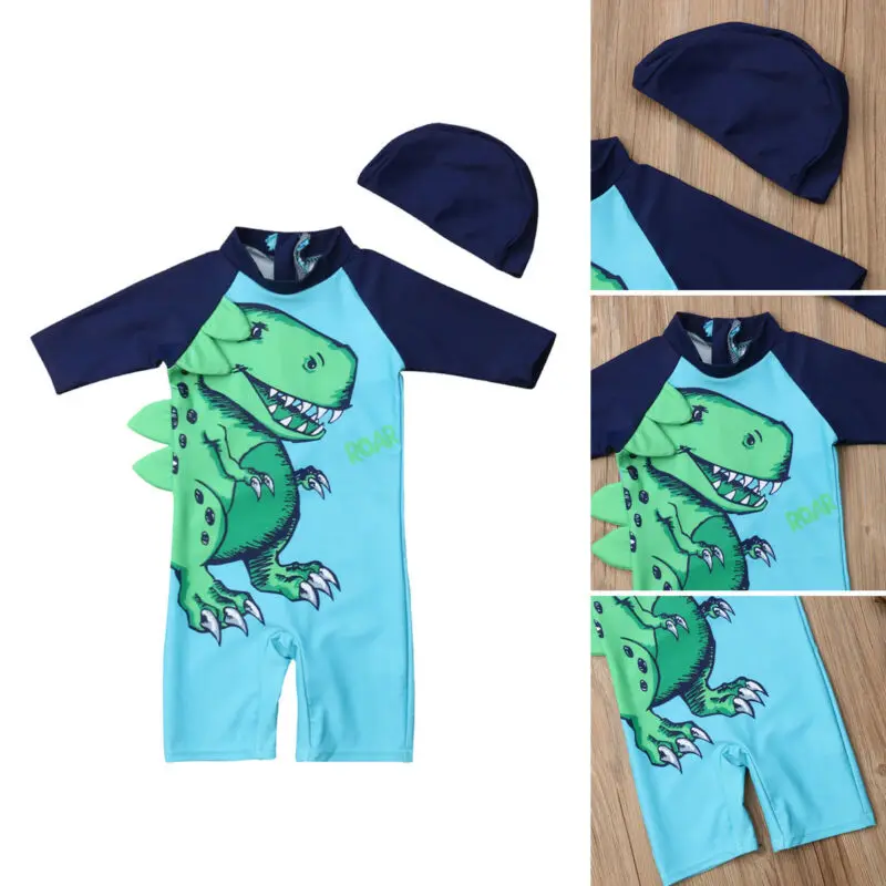Лидер продаж, британский летний пляжный купальный костюм с динозавром из мультфильма для маленьких мальчиков, быстросохнущие цельные купальные костюмы, купальники, купальные костюмы, плавки+ шляпа, комплект