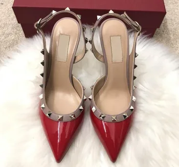 

2020 Brand V Right Lo go Pointed Toe with Studs High Heels Genuine Leather Rivets Sandals Women Rivet Dress Shoes