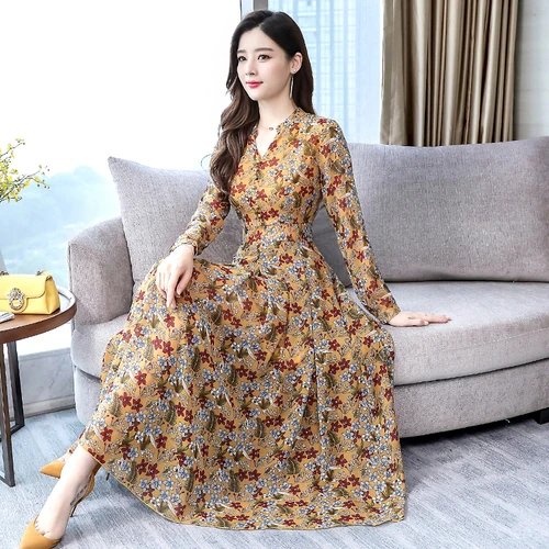 

2019 New Autumn Women Chiffon Maxi Dresses Printed Fashion Long Sleeve Plus Size Designs Floral Female Temperament Dress Casual
