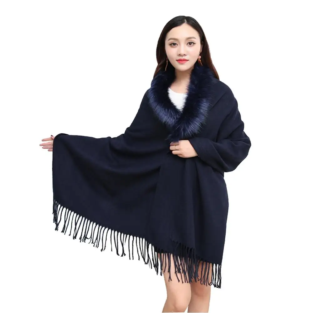 Однотонный кашемировый шерстяной шарф из пашмины, кашемировая шаль, женский меховой воротник из лисы, зимний длинный теплый меховой шарф с кисточками, шаль