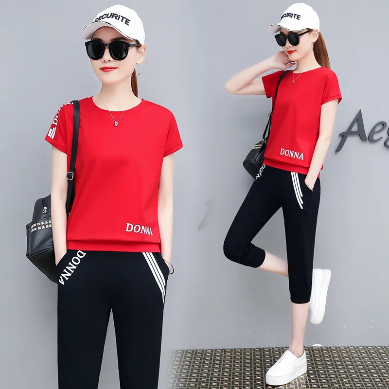 

Casual Sports WOMEN'S Suit Summer 2019 New Style Korean-style Loose Short Sleeve Clothes Capri Pants Two-Piece Set Fashion