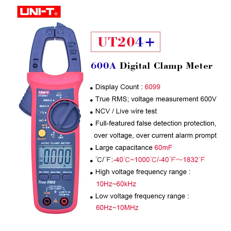 Цифровой клещи UNI-T UT203+ UT204+ T-RMS мультиметр AC DC Напряжение Ток Тестер Сопротивление Частота Диод Непрерывность тест - Цвет: UT204 Plus