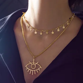 Bohemian Vintage Layered Chain Necklace Lock Pendant Necklace Women Choker Metal Eye Star Moon Love Padlock Chains Goth Jewelry