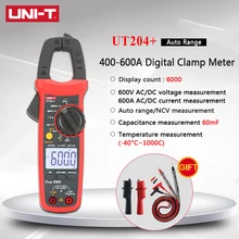 Multímetro Digital de abrazadera ut204 plus, Unidad de corriente Uni t uni-t Mini DC, Rango automático de voltaje, valores eficaces verdaderos 600A