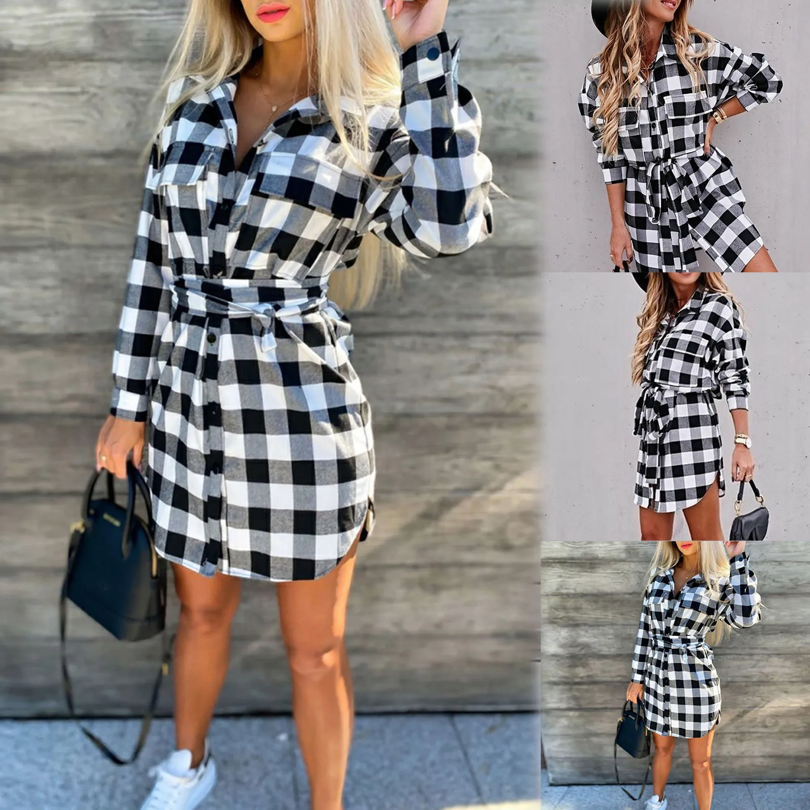 40#Womens Plaid Check Dresses Shirts 