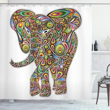 

Psychedelic Shower Curtain Large Eastern Elephant Trippy Pattern Boho Art Savannah Illustration Bathroom Decor Set with Hooks