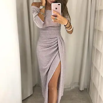 

2020 Party Dress 2020 Shiny Off Shoulder Ruched Thigh Slit Dress Sexy Club Wrist Sleeve Women Dress