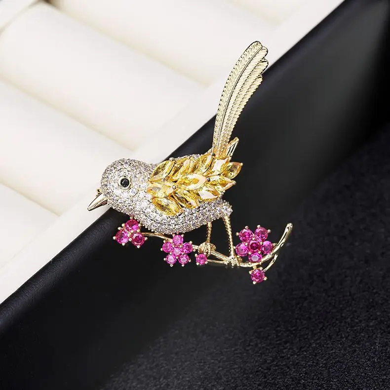 Милые Желтые хрустальные броши для птиц для женщин broche accesorios mujer, модный розовый кубический циркониевый цветок брошь шпильки ювелирные изделия