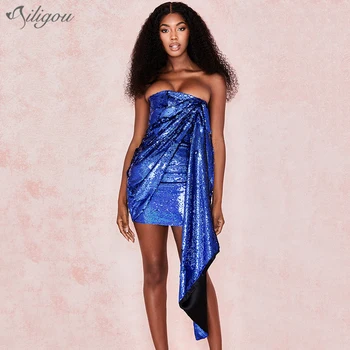 

Ailigou 2020 Winter Women's New Dress Sexy Blue Sequined Off Shoulder Sleeveless Pleated Tight Mini Party Dress Vestidos