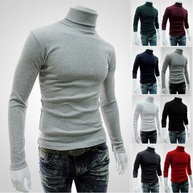 

Men Long Sleeve Pullover High Neck Tops Solid Color Turtleneck Stretch Slim Basic T Shirt Tee M-XXL