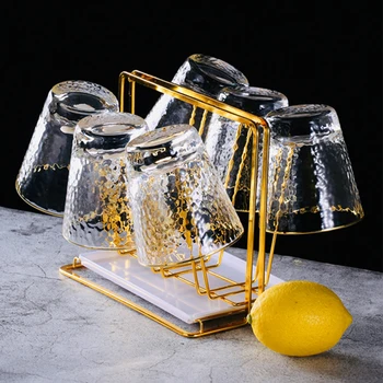 

Non-slip Tea Cup Glass Cup Rack For Home Kitchen Bar Hotel Metal Gold Coffee Cup Drying Holder With Wood Tray Kitchen Supply