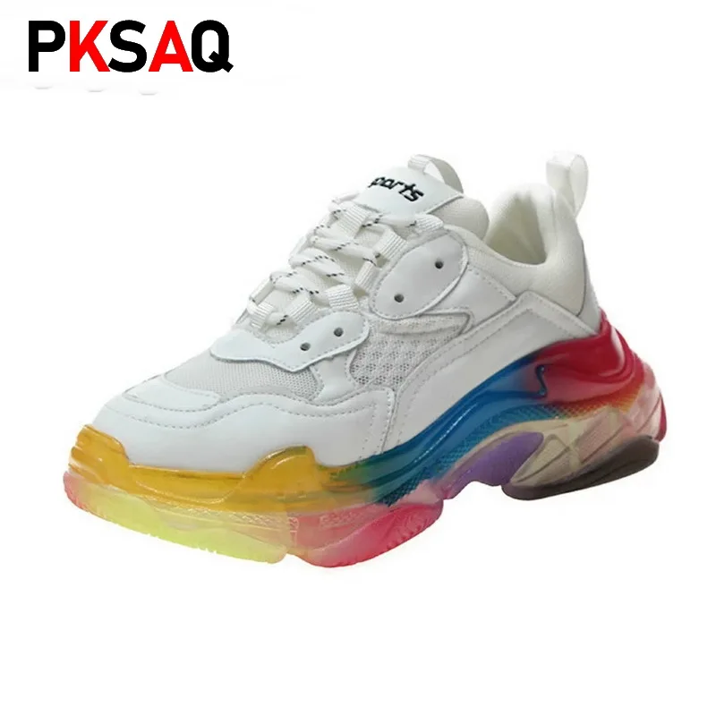 

Women Shoes Spring Thick Bottom Dropshipping Transparent Rainbow Muffin Bottom Fashion Breathable Mesh Sneakers Female