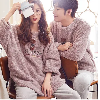 

Couple Pajamas Unisex Adult Warm Winter Thickening Women Pajamas Velvet Home Clothes Round-neck Long Sleeve 2 Pcs Pyjamas Suit
