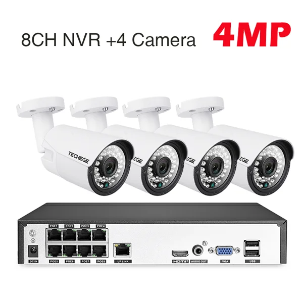 4cameras 4MP Techege H.265 8CH POE Система 4.0MP аудио IP камера металлическая наружная Водонепроницаемая сетевая камера CCTV система безопасности комплект видеонаблюдения - Цвет: 4cameras 4MP