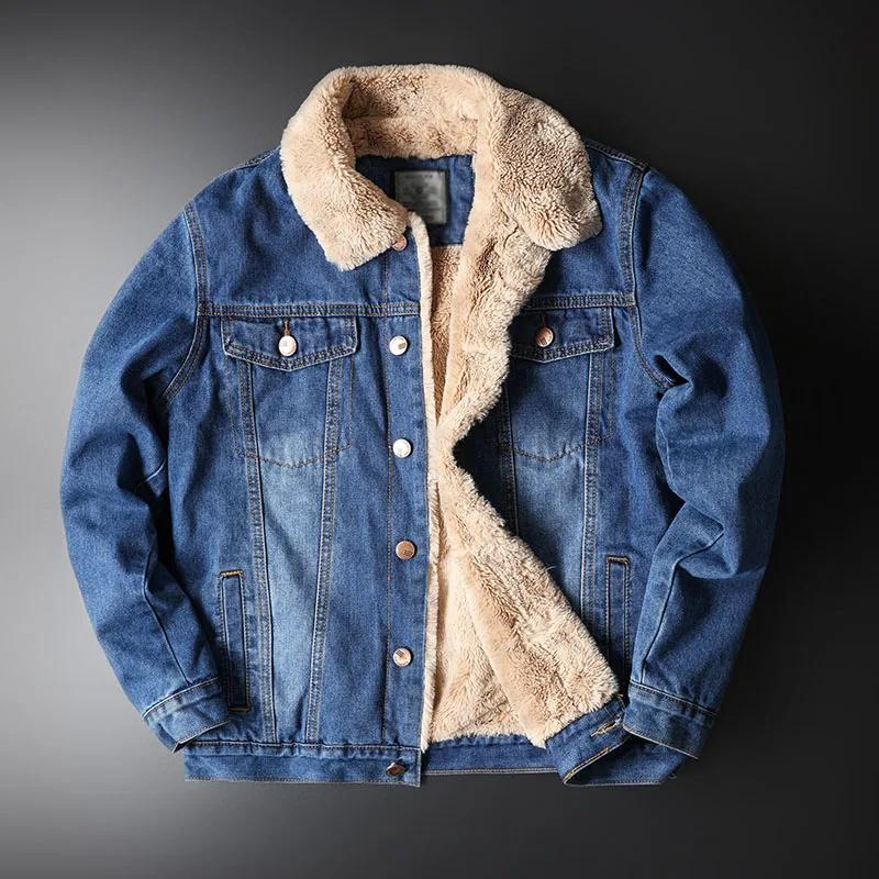 Idopy/зимняя теплая джинсовая куртка с шерстяной подкладкой; синяя классическая куртка с меховым воротником; термоджинсы; куртка и пальто; S-4XL