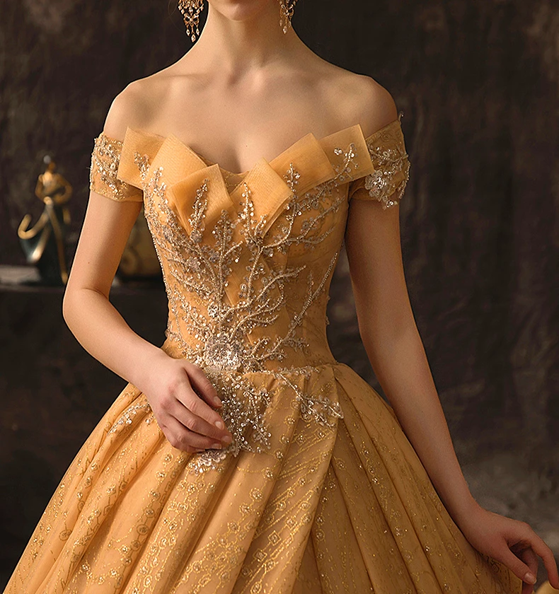 Высокое качество Роскошный платья со шлейфом Свадебное платье королевская принцесса Шампанское Золотые бусы свадебное платье De Mariee