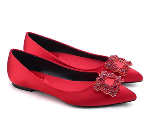 

Wedding Shoes Rhinestones Buckle Point Flat Shoes Flat with Shallow Silk Satin Flats Platform Shoes