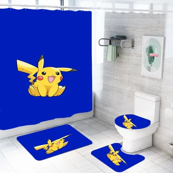 

Pokemon Pikachu 3D Print 4 Piece Bathroom Set Waterproof Bath Curtain with Non Slip Toilet Set Home Hotel Bathroom Decor Cartoon