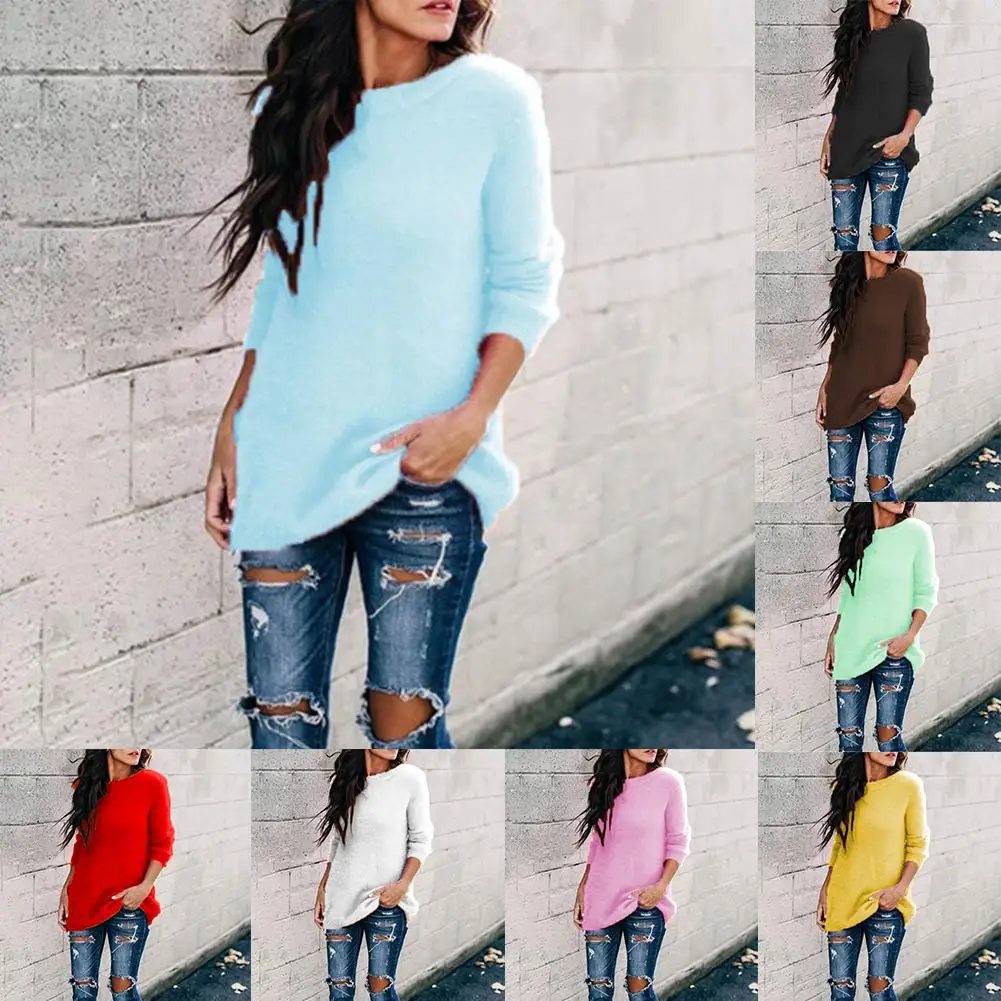 

Autumn Winter Women Solid Color Loose Round Neck Long Sleeve Knitted Pullover Sweater Female Tops
