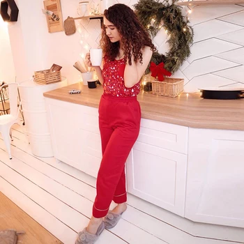 

HECHAN Ctue Pattern Christmas Pajamas Women Sleeveless Top Deer Tree Pants Sleepwear Female Night Suits 2 Piece Set Home Wear