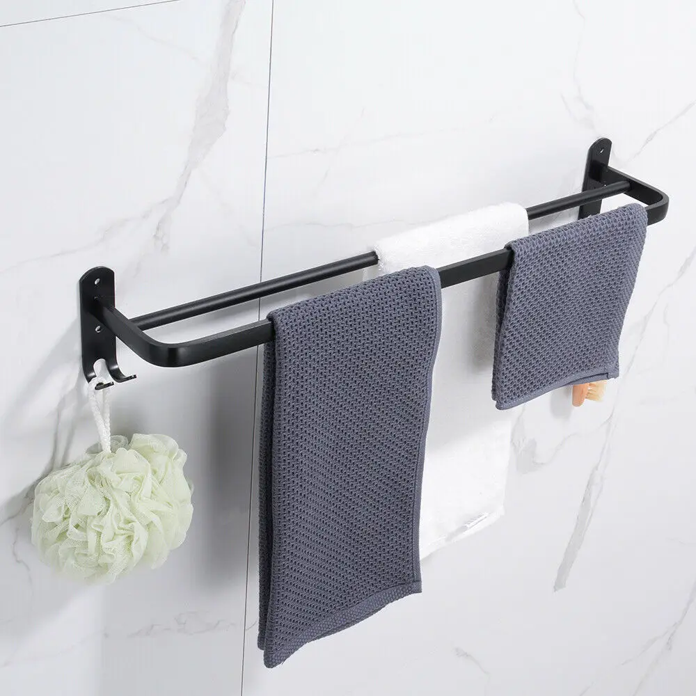 Wall Mount Aluminum Black Bathroom Accessories Set Towel Rack Bar Corner Basket 