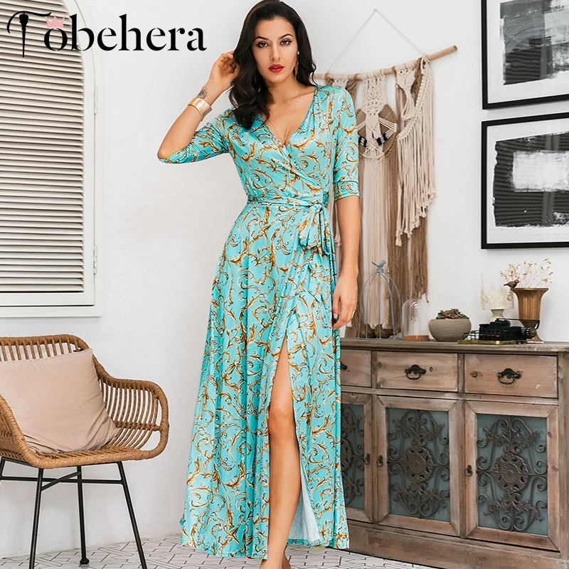 

Glamaker Chain vintage print dress Women winter wrap retro dinner robe Party dinner elegant slim sash maxi dress beach vestidos