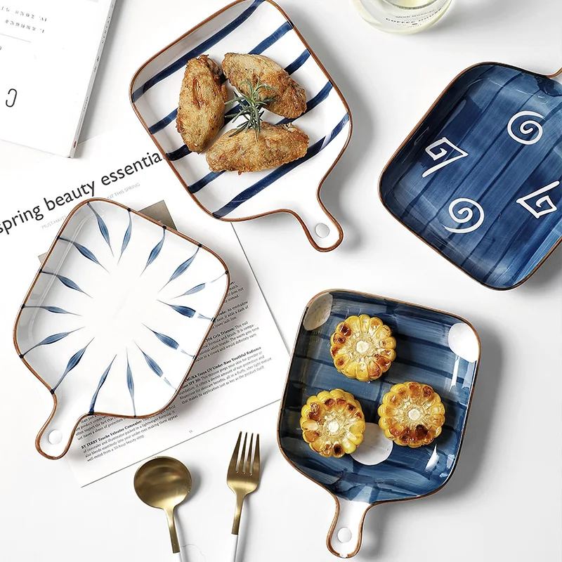Ceramic Dessert Plates Phnom Penh Baking Dish Salad Bowls Barbecue Cheese Baked Bowl with Handle Oven Kitchen Baking Tool Snack Ceramic Pla ceramic dessert plates,barbecue plate