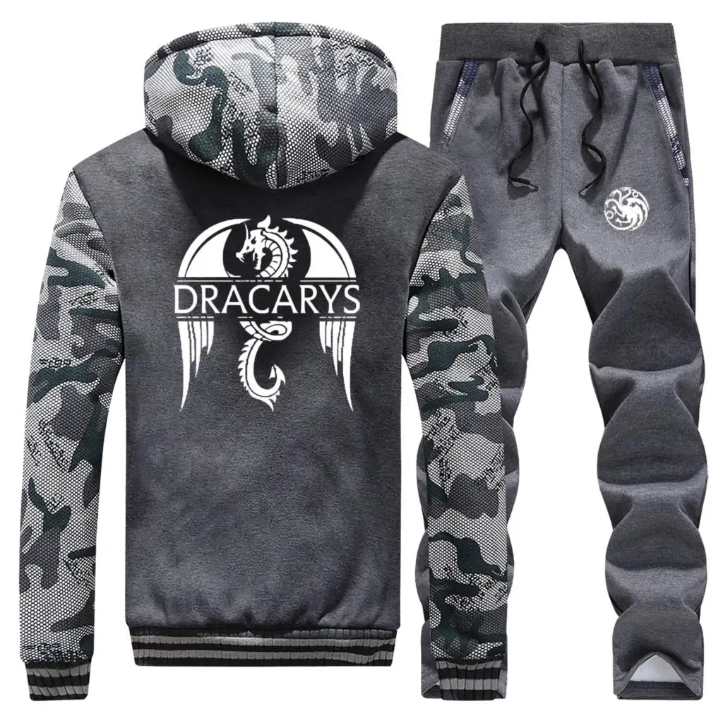 Толстовки мужские камуфляжные дракари Дракон Игра престолов зимнее винтажное пальто с принтом плотный костюм теплые куртки+ штаны комплект из 2 предметов