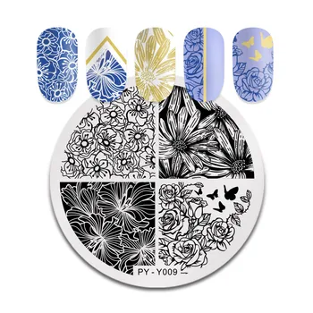 

PICT YOU Flower Leaves Plants Nail Stamping Round Plates Striped Line Animal Grid Geometric Plate Stainless Steel Stencil Tools