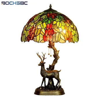 Cheap BOCHSBC Tiffany Style Desk Lamp Multicolor Stained Glass Table Lights Home Decorative Christmas Wapiti Elk Gift Art Lighting