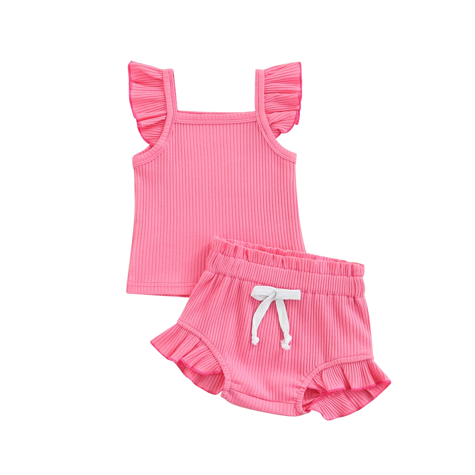 Baby Clothing Set comfotable Newborn Infant Baby Girl Two-Piece Solid Outfits, Solid Color Flying Sleeve Romper + Elastic Drawstring Short Pants sun baby clothing set Baby Clothing Set