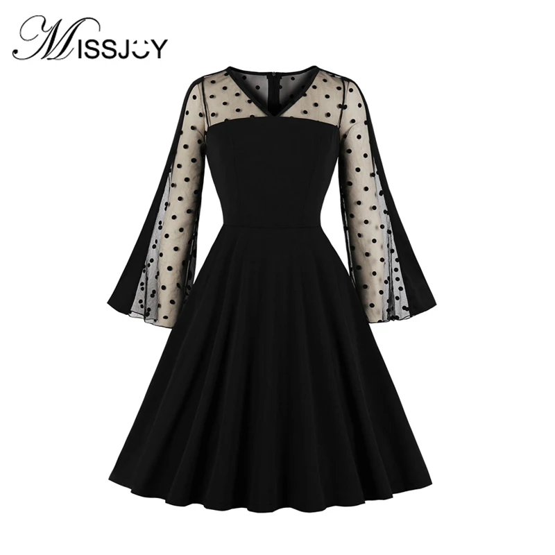 

MISSJOY Patchwork Summer 2019 New Women Dress Elegant Mesh Casual Long Sleeves A-Line Cocktail party Black V-Neck Vintage 