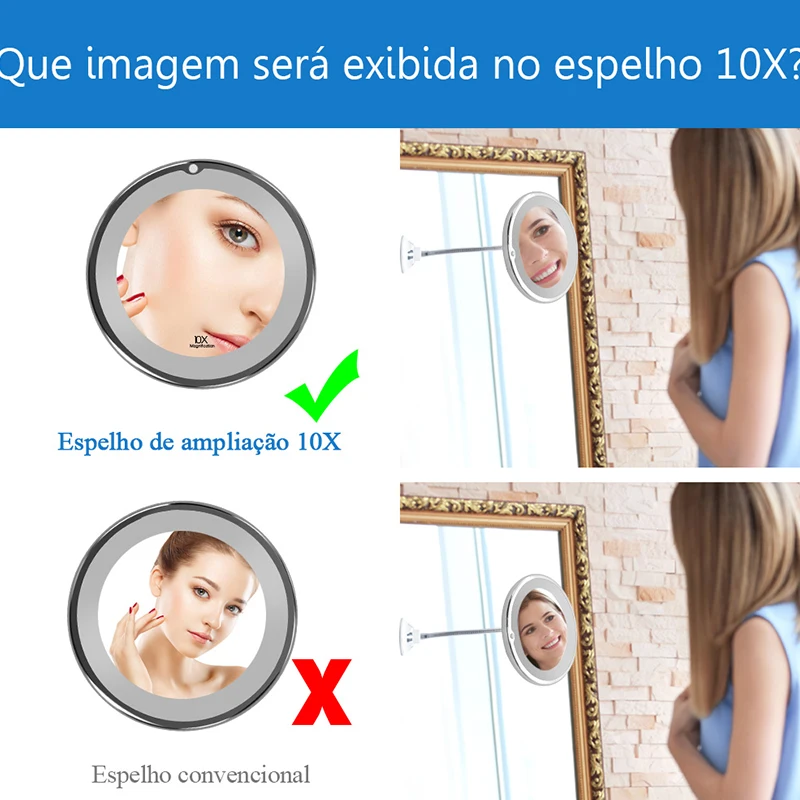 Гибкое туалетное зеркало с присоской, вращение на 360 градусов, зеркало для макияжа, 10X увеличительное зеркало, светодиодный светильник, зеркала, инструменты для макияжа