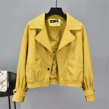

Women's new leather jacket 2020 spring suit collar loose silhouette short section western style washed PU leather jacket