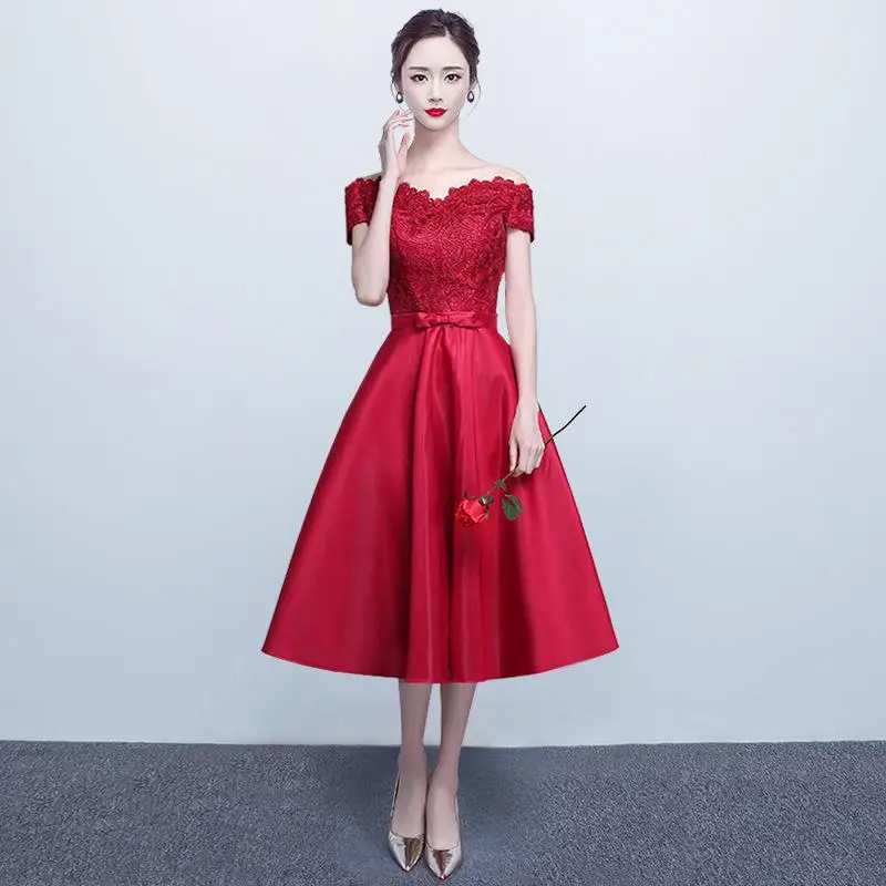 Мини вечернее платье цвета шампанского для женщин, атласное, Qipao, сексуальное, с открытыми плечами, Cheongsam Novalty, сексуальные китайские повседневные платья Vestidos - Цвет: burgundymediumlength