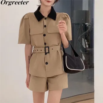 

Safari Style Two piece Shorts Set Women Patchwork Lapel Short Sleeve Shirt Tops and Shorts Suits Summer New 2020
