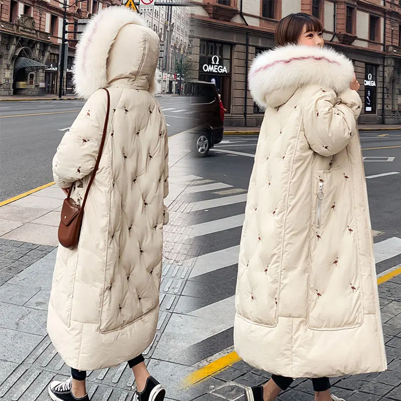 beige Шикарное меховое пальто с капюшоном зимнее пуховое пальто теплая куртка Длинная женская хлопковая стеганая ватная парка кран вышитая Женская куртка - Цвет: beige