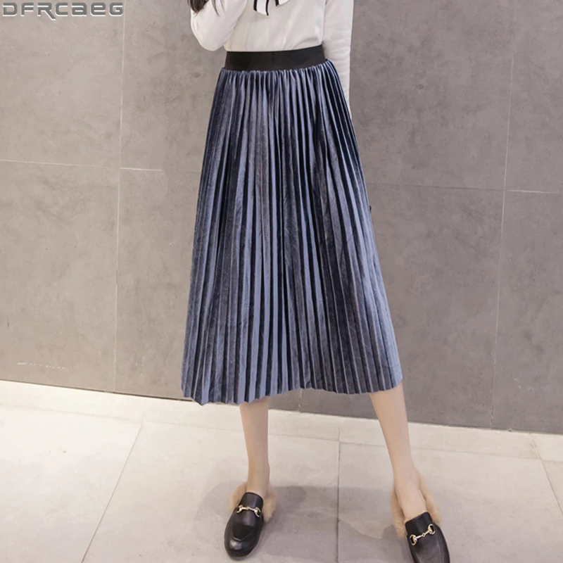 

New 2019 Autumn Winter Elastic High Waist Skirt Solid Casual Pleated Skirts Womens Striped Jupe Femme Velvet Saias Midi Skirt