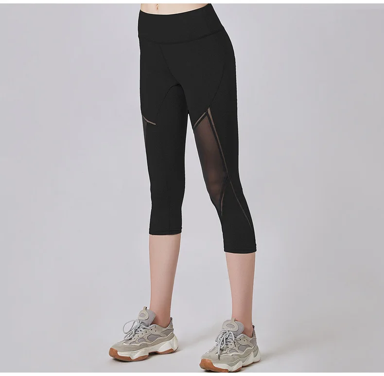 Summer Women Sport Leggings Cropped Yoga Pant Elastic Mesh Capris Quick Dry Running Crop Trousers Female Gym Pant Fitness Tights