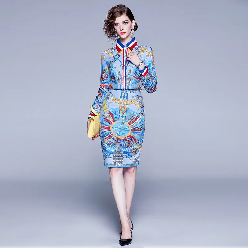 

Photo Shoot 2019 Autumn Clothing New Style Europe And America WOMEN'S Blouse Waist Hugging Sheath Skirt Printed-Style Set