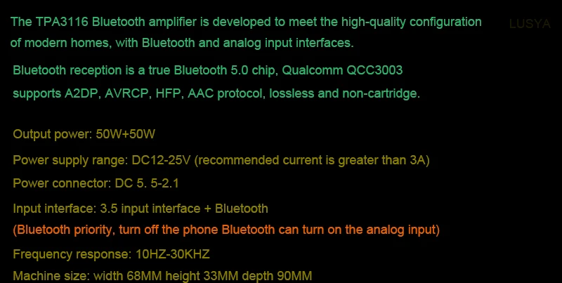 TPA3116D2 Bluetooth 5,0 усилитель аудио Плата Qcc3003 50 Вт* 2 цифровой усилитель мощности 2,0 канальный стереоусилитель DC8-25V T0745