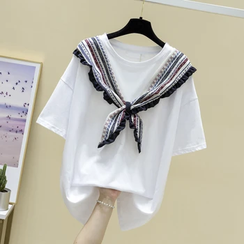 

Lace up Scarves patchwork cotton white t shirt women loose tee shirt femme Korean modis tshirt 2020 summer tops new arrival